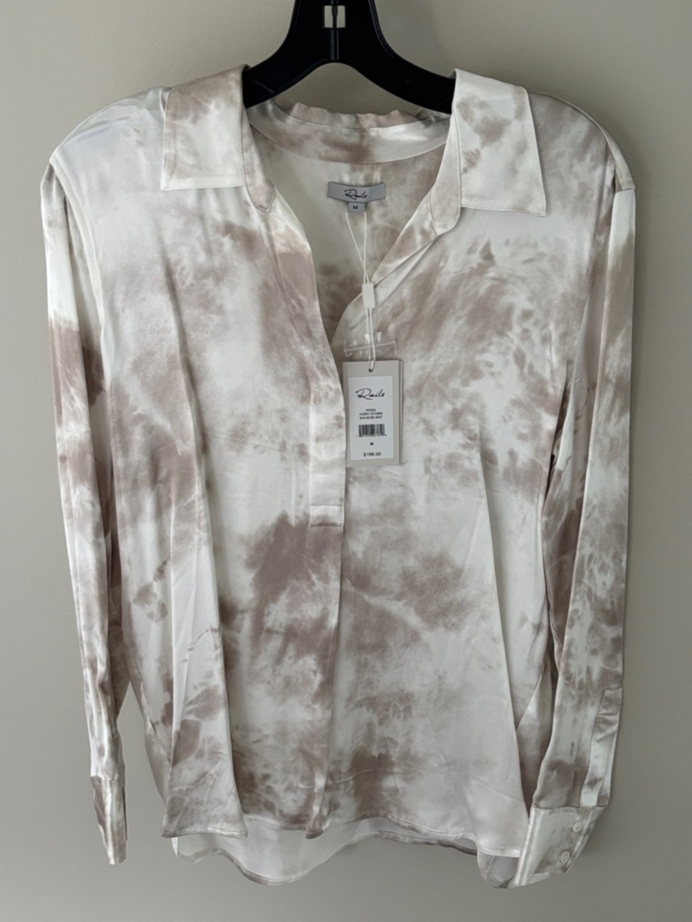 Rails Neutral Tie-Dye Satin Blouse in Taupe and Cream M
